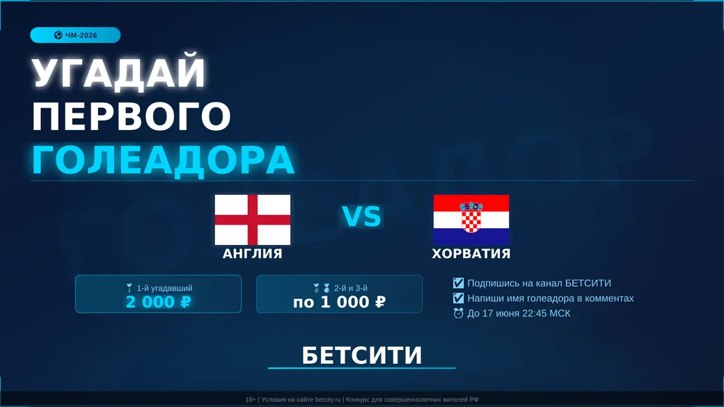 Фрибет БЕТСИТИ: угадай первого голеадора матча Англия – Хорватия на ЧМ-2026