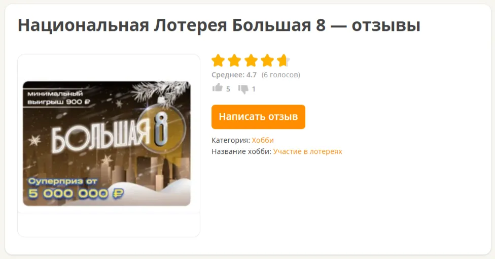 Оценка лотереи «Большая 8» среди пользователей