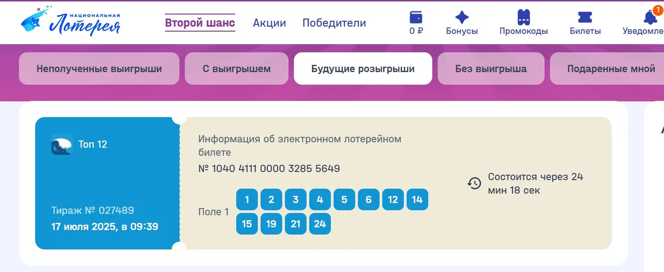Заполненный билет лотереи «ТОП 12»