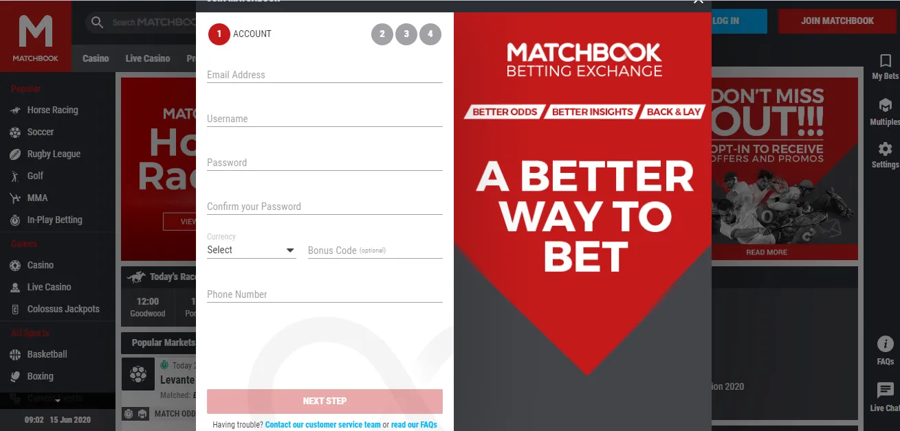 форма регистрации в БК Matchbook